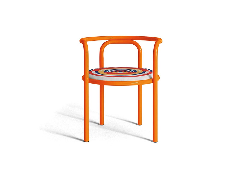 Locus Solus Chair with armrest. Structure in orange metal and multicolored cushion on a white background.