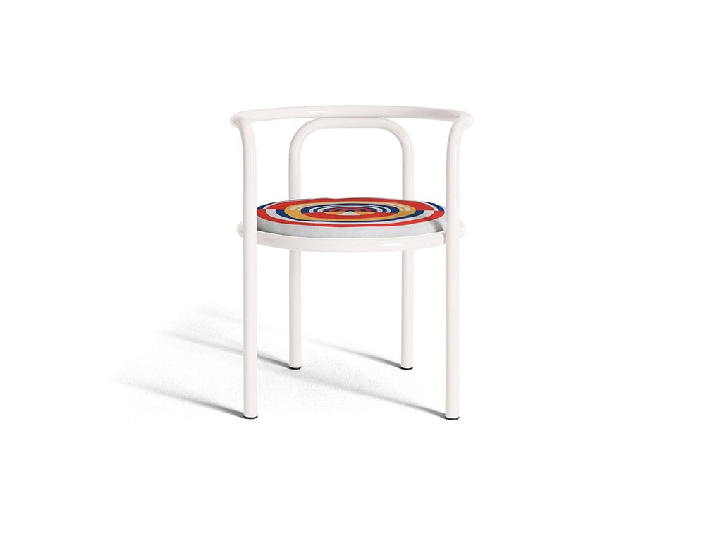 Locus Solus Chair with armrest. Structure in white metal and multicolored cushion on a white background.