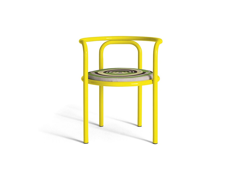 : Locus Solus Chair with armrest. Structure in yellow metal and multicolored cushion on a white background.