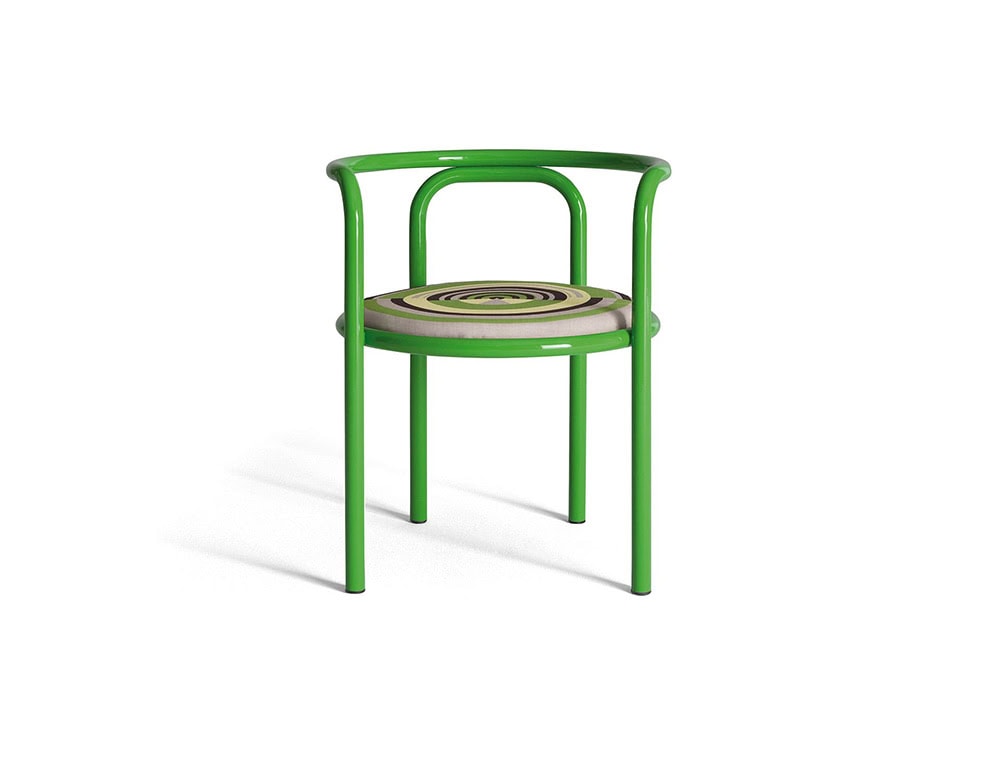 Locus Solus Chair with armrest. Struture in green metal and multicolored cushion on a white background.