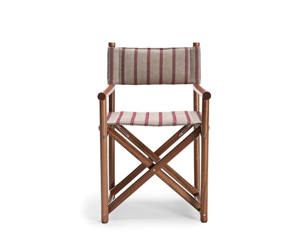 Paraggi Yacht Chair. Structure in brown wood, seat and backrest upholstered in white with red lines fabric on a white background.