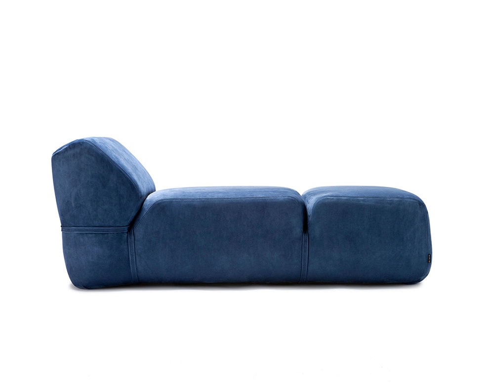 Soft Chaise Long covered in blue fabric on a white background.