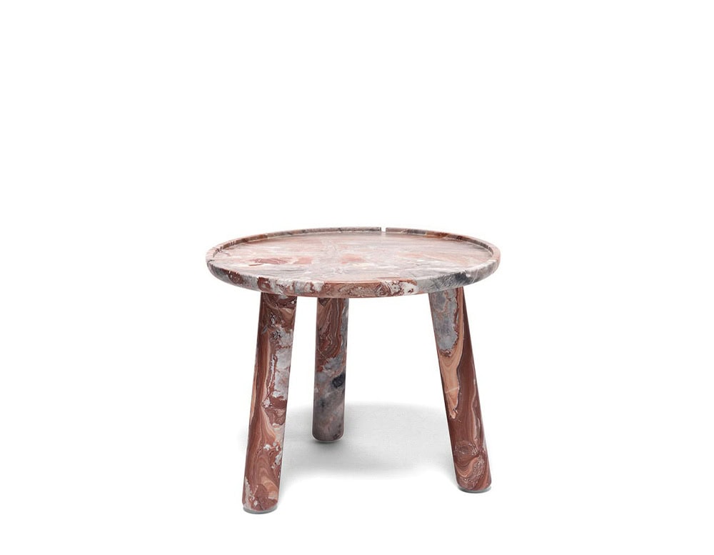 Stone Round Coffee Table in gray and brown with three legs on a white background.