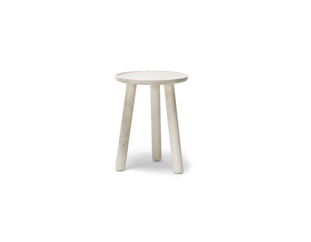 Stone Round Coffee table in white with three legs on a white background.