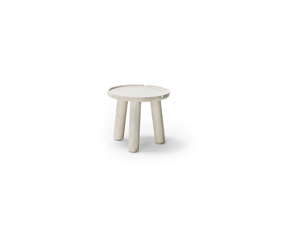 Stone Round Coffee table in white with three legs on a white background.