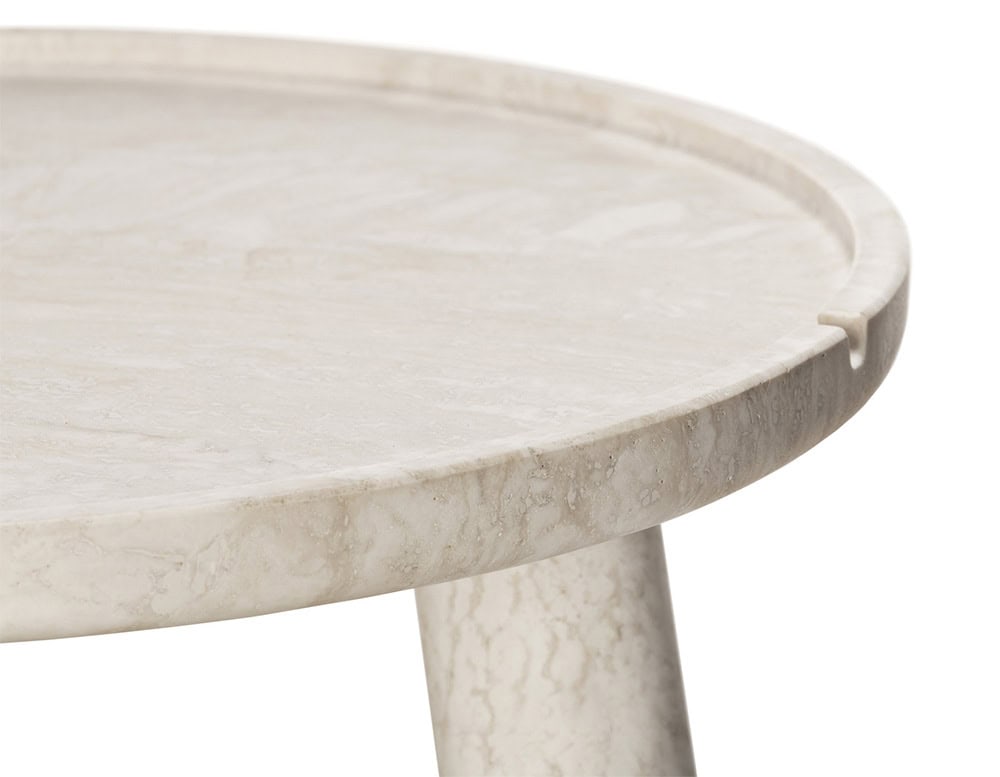 White Stone Round Coffee table in white with three legs on a white background.