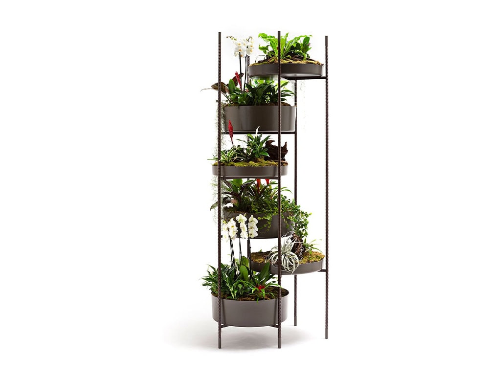 Brown Vertical Garden made of six round modules on a white background.