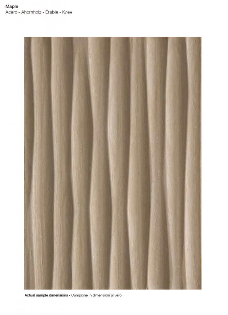 Onda finish wood sample in a light brown color with wave-like patterns, set against a white background.