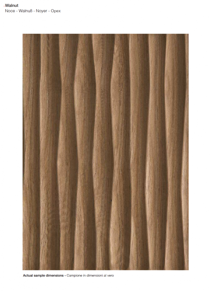 Onda finish wood sample in a medium brown color with wave-like patterns, set against a white background.