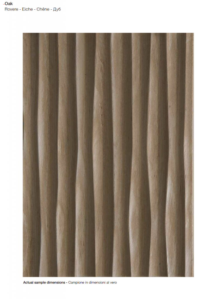 Onda finish wood sample in a light brown color with wave-like patterns, set against a white background.