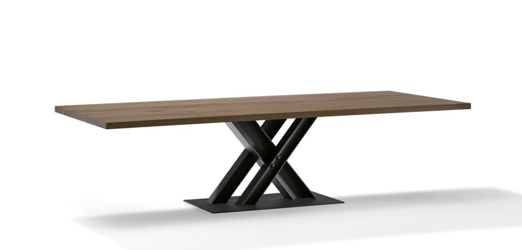 table made of solid light brown wood base and steel base in a black tone on a white background