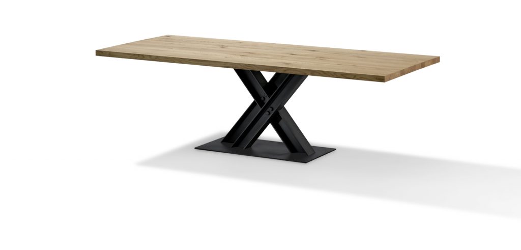 table made of solid beige wood base and steel base in a black tone on a white background