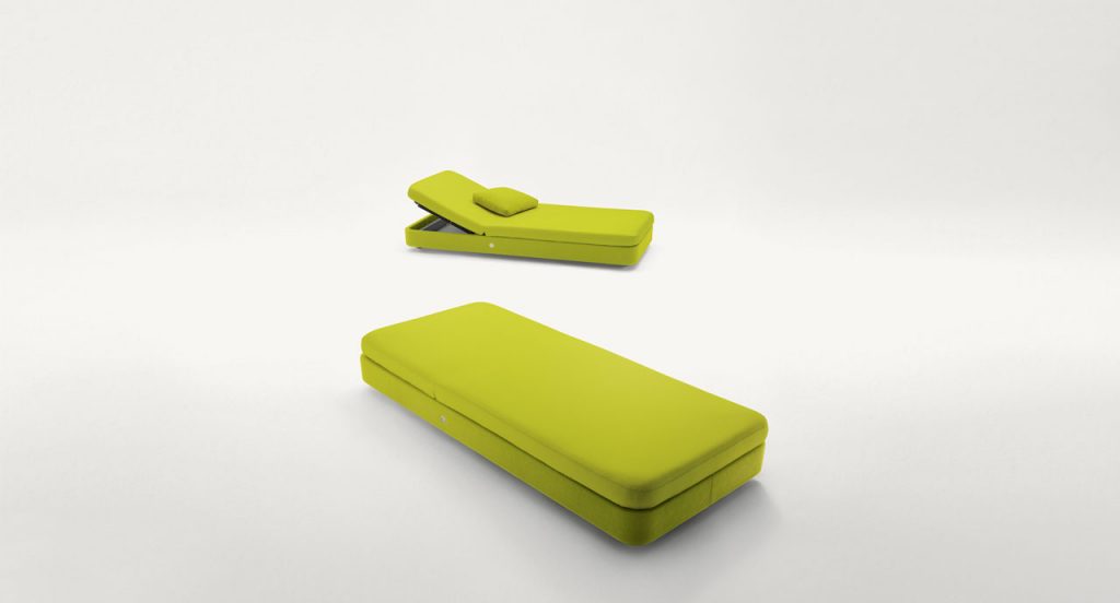 Two Cove Sun Beds with internal container, green upholstey on a white background.