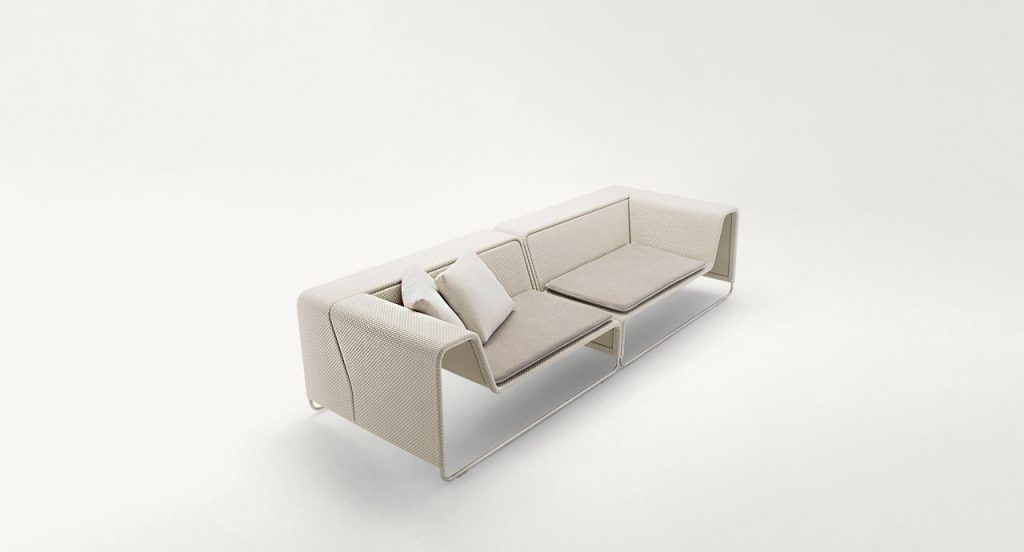 White Island Sectional structure in steel, upholstery in white rope fabric on a white background.