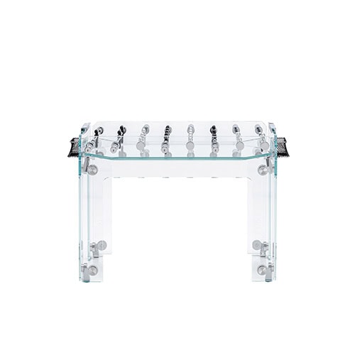 Teck Cristallino table in clear glass with silver accesories on a white background.