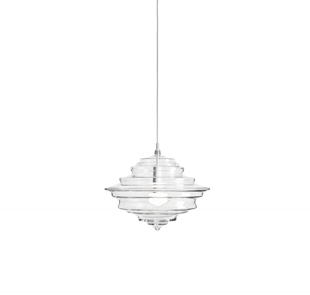 medium ceiling lamp made of blown bohemian crystal base in the shape of a thick chandelier on a white background