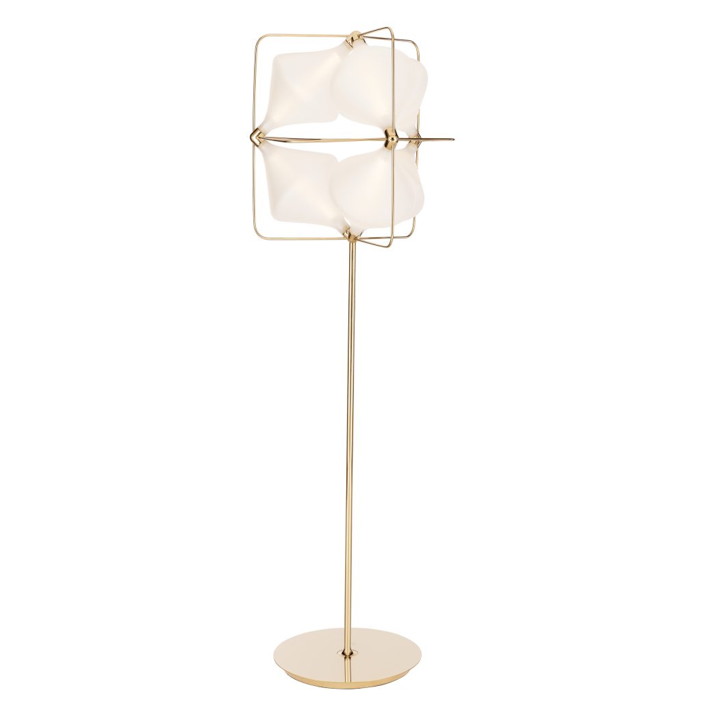 floor lamp made of gold aluminum base and lamp panel made of bohemian glass in a white tone