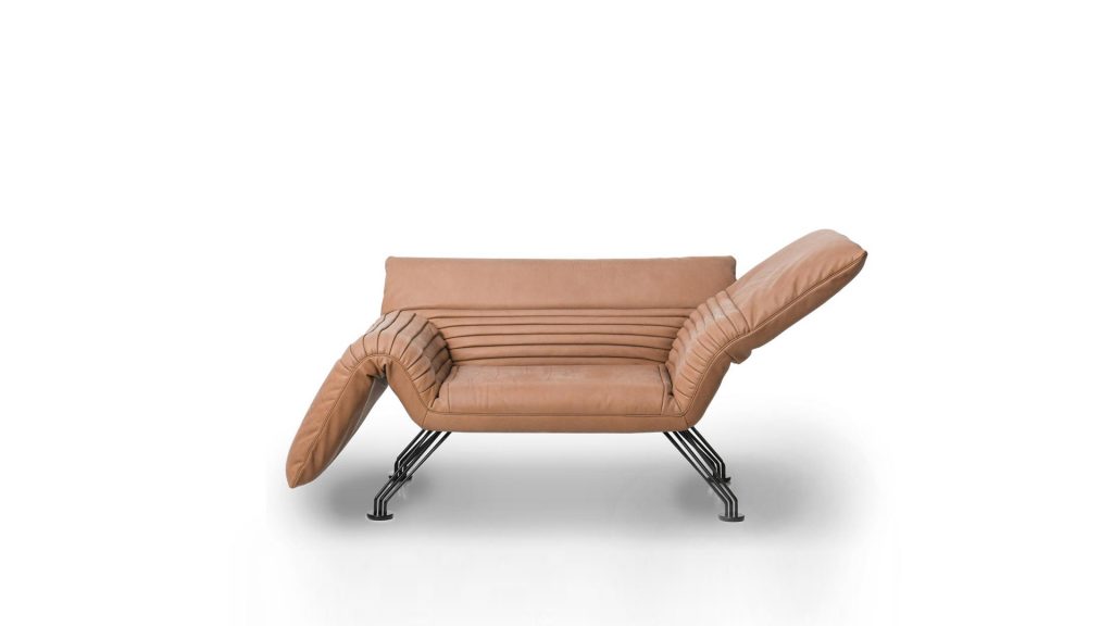 Multifunctional chaise made of aluminum base and upholstered in brick-colored leather on a white background