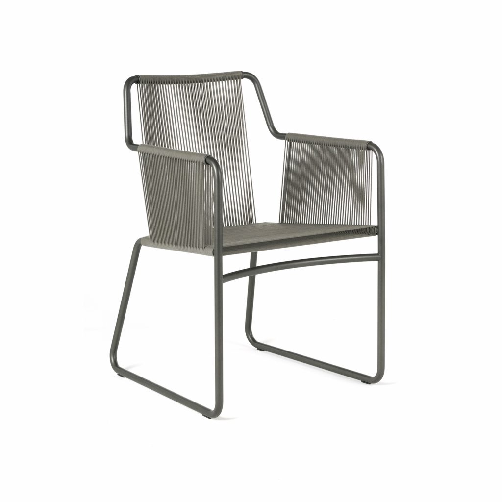 outdoor chair made of stainless steel base and cushion made of gray fabric