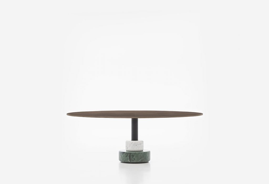 round table made of wood and resting on a marble base in a brown tone on a white background