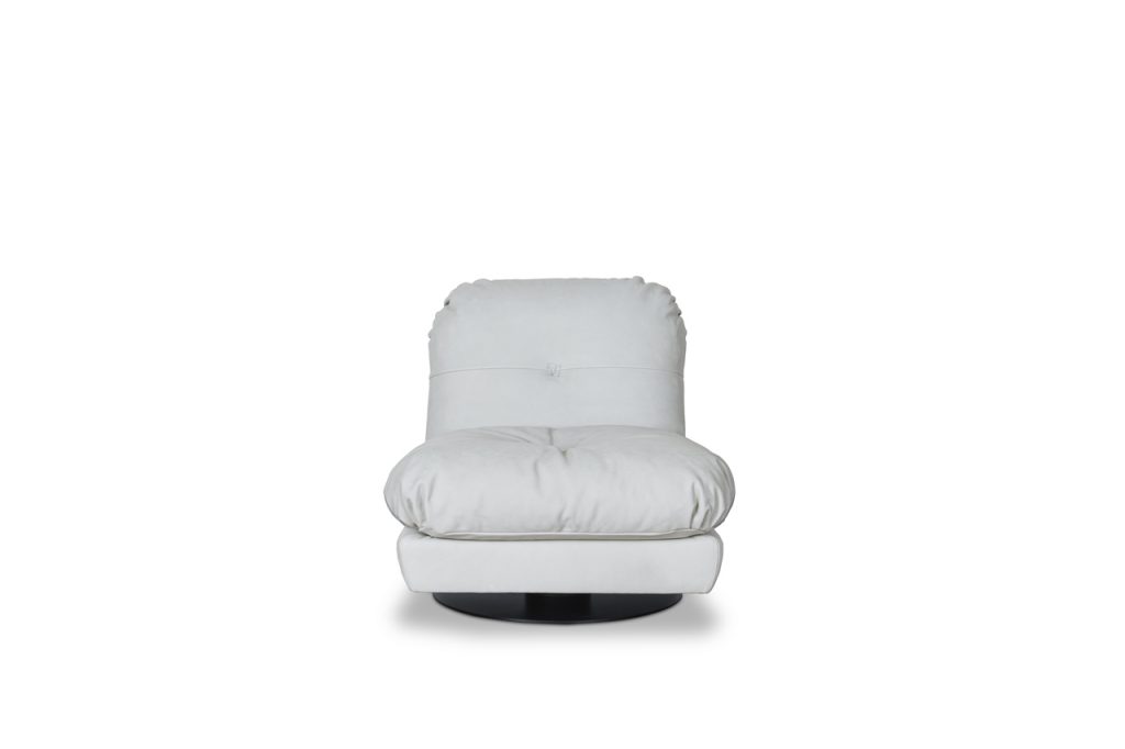 Swivel armchair made of leather of a white color tone with foam on a white background