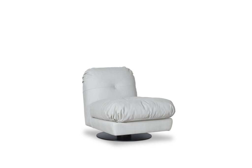 Swivel armchair made of leather of a white color tone with foam on a white background