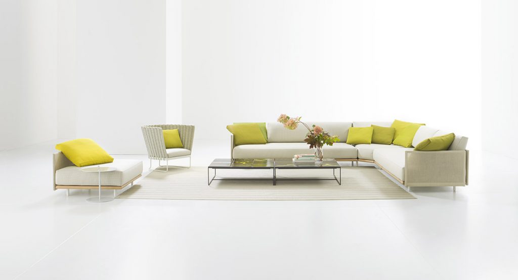 three sofas made on a steel base in a gold tone upholstered in Maris fabric in a white tone