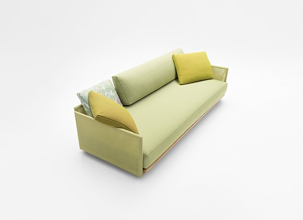 sofa in shape made of stainless steel base in a tone of white gold and upholstered in Maris fabric in a tone of green