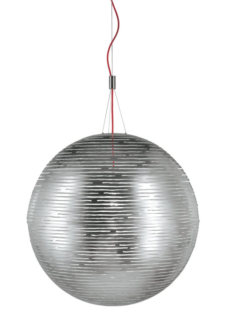 Spherical pendant lamp with laser-cut horizontal openings in a silver tone