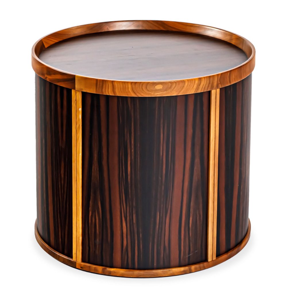 Drum side table in front of a white background