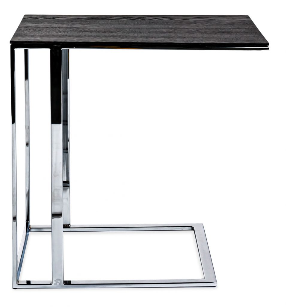 Modern lap table featuring polished chrome steel frame a white background.