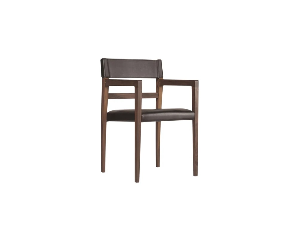 dining chair made of black leather strips and wooden base on a white background