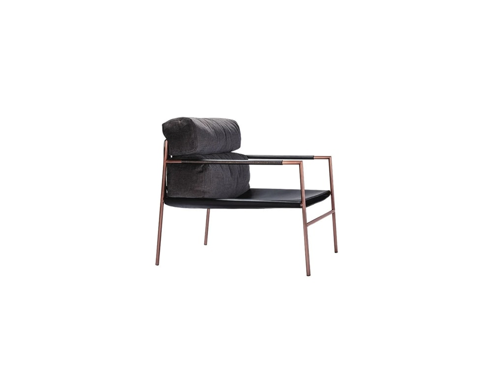 dining chair made of modifiable black steel base and black leather in a white background