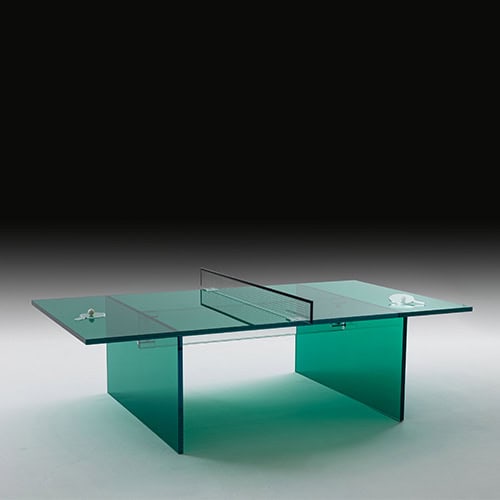 pingpong table made of thick transparent glass throughout its structure