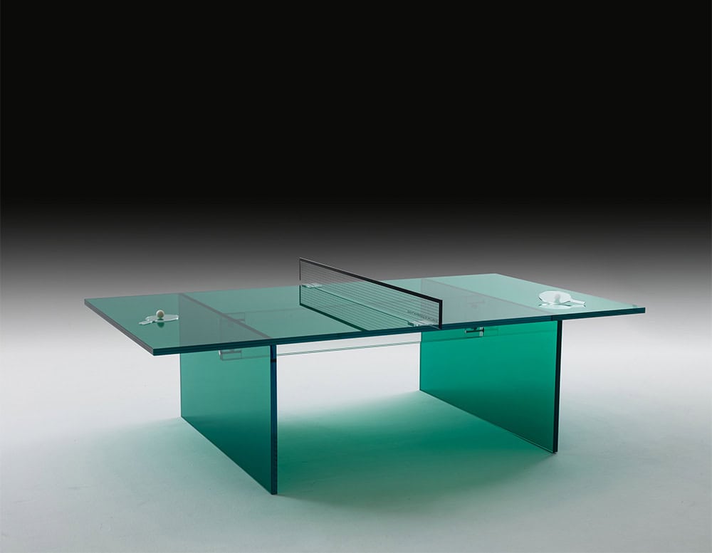 pingpong table made of thick transparent glass throughout its structure