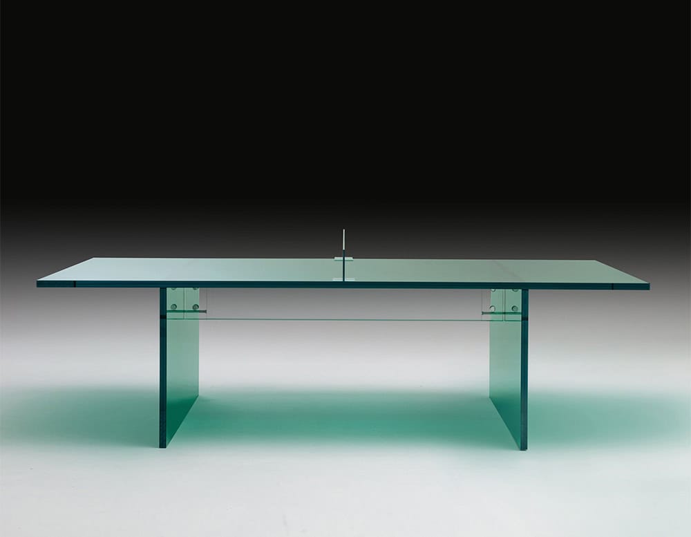 pingpong table made of thick transparent glass throughout its structure