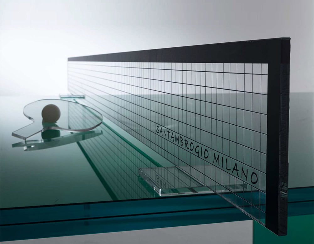 pingpong table made of thick transparent glass throughout its structure