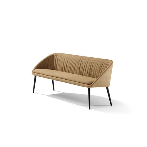 Furniture designed with an aluminum base and upholstered in light brown fabric with an additional cushion