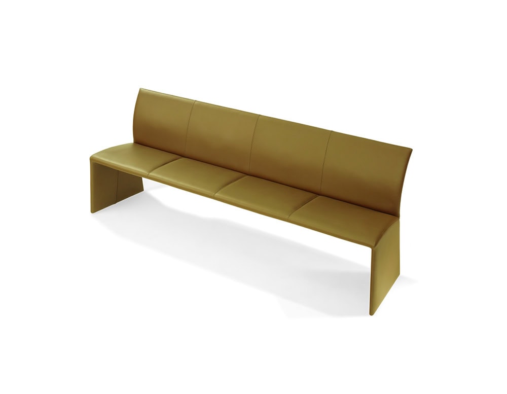 bench made of fabric upholstered throughout its structure in a burnt yellow tone on a white background