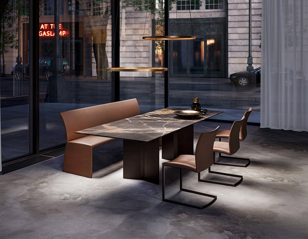 bench made of orange fabric and wooden structure on a living room background