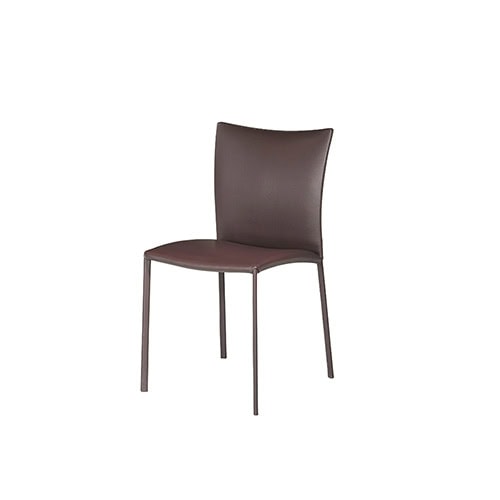 dining chair made of aluminum base and upholstered in brown leather on a white background