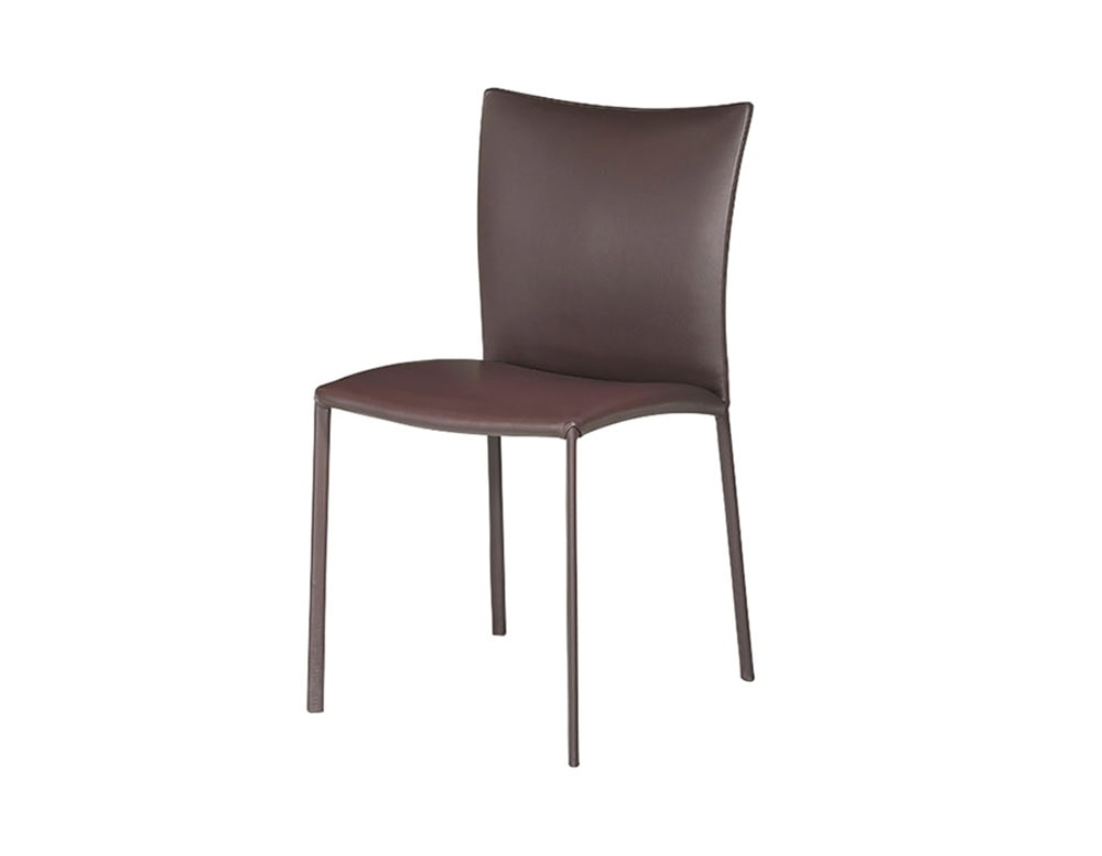 dining chair made of aluminum base and upholstered in brown leather