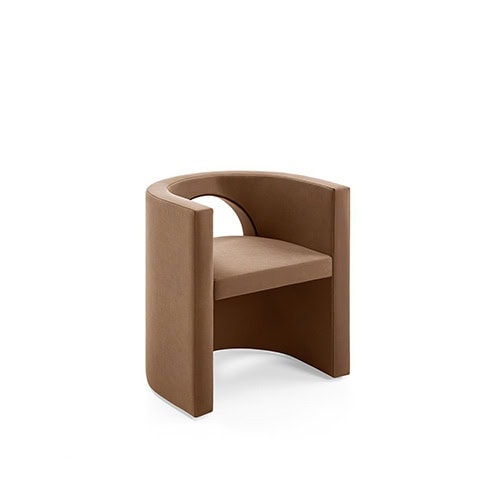 armchair made of a metal base and padded with polyurethane foam covered in brown fabric, opening in the middle