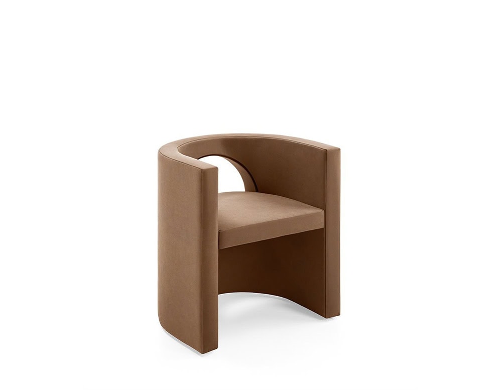 armchair made of a metal base and padded with polyurethane foam covered in brown fabric, opening in the middle