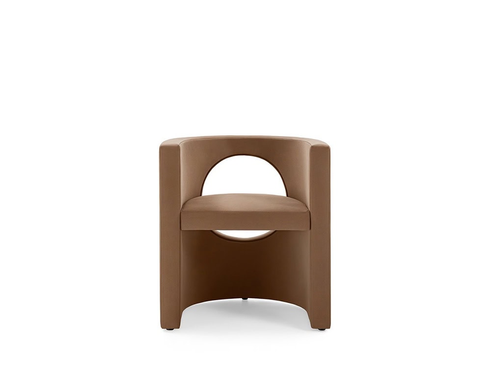 armchair made of a metal base and padded with polyurethane foam covered in brown fabric, opening in the middle