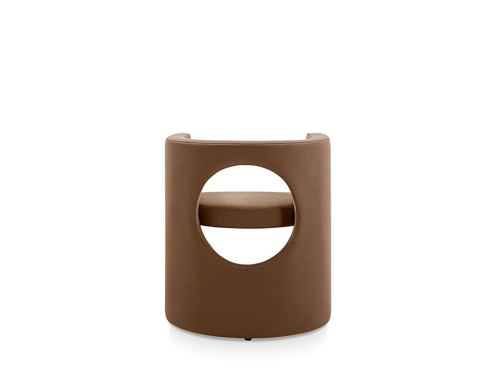 armchair made of a metal base and padded with polyurethane foam covered in brown fabric, opening in the middle