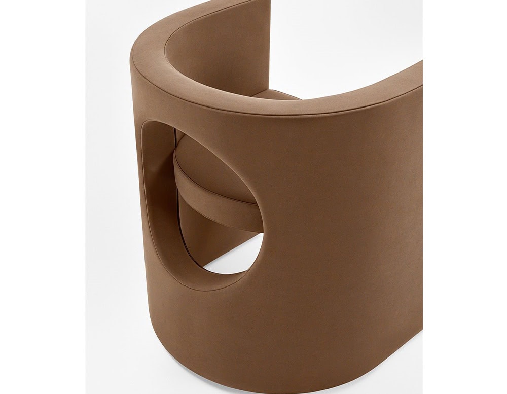 armchair made of a metal base and padded with polyurethane foam covered in brown fabric, opening in the middle on a white background