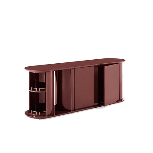 dressing table made of wooden base with circular drawers stained in a bright red wine color tone