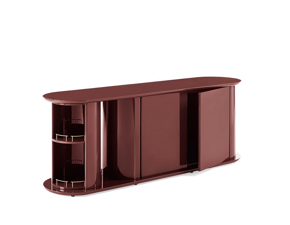 dressing table made of wooden base with circular drawers stained in a bright red wine color tone