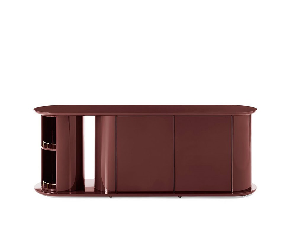 dressing table made of wooden base with circular drawers stained in a bright red wine color tone